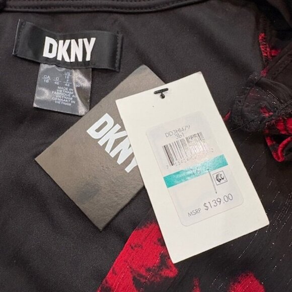 DKNY Floral Chiffon Fit & Flare Dress with Balloon Sleeves & Faux Wrap Skirt - Picture 5 of 6